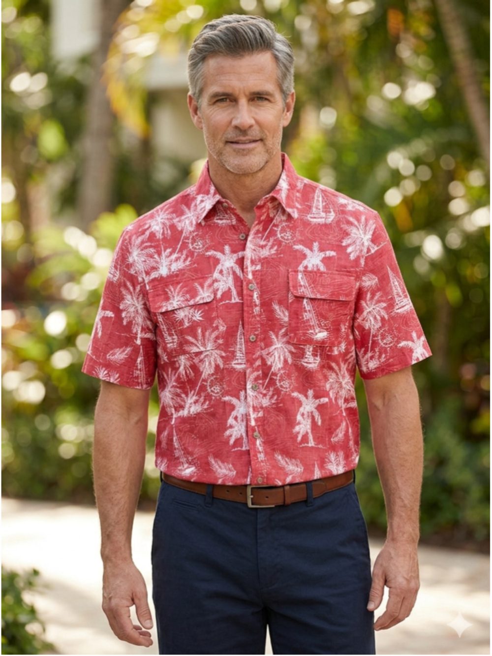 Men's Chaps Casual Button Down Shirt XXL Red White Tropical Print. 1975